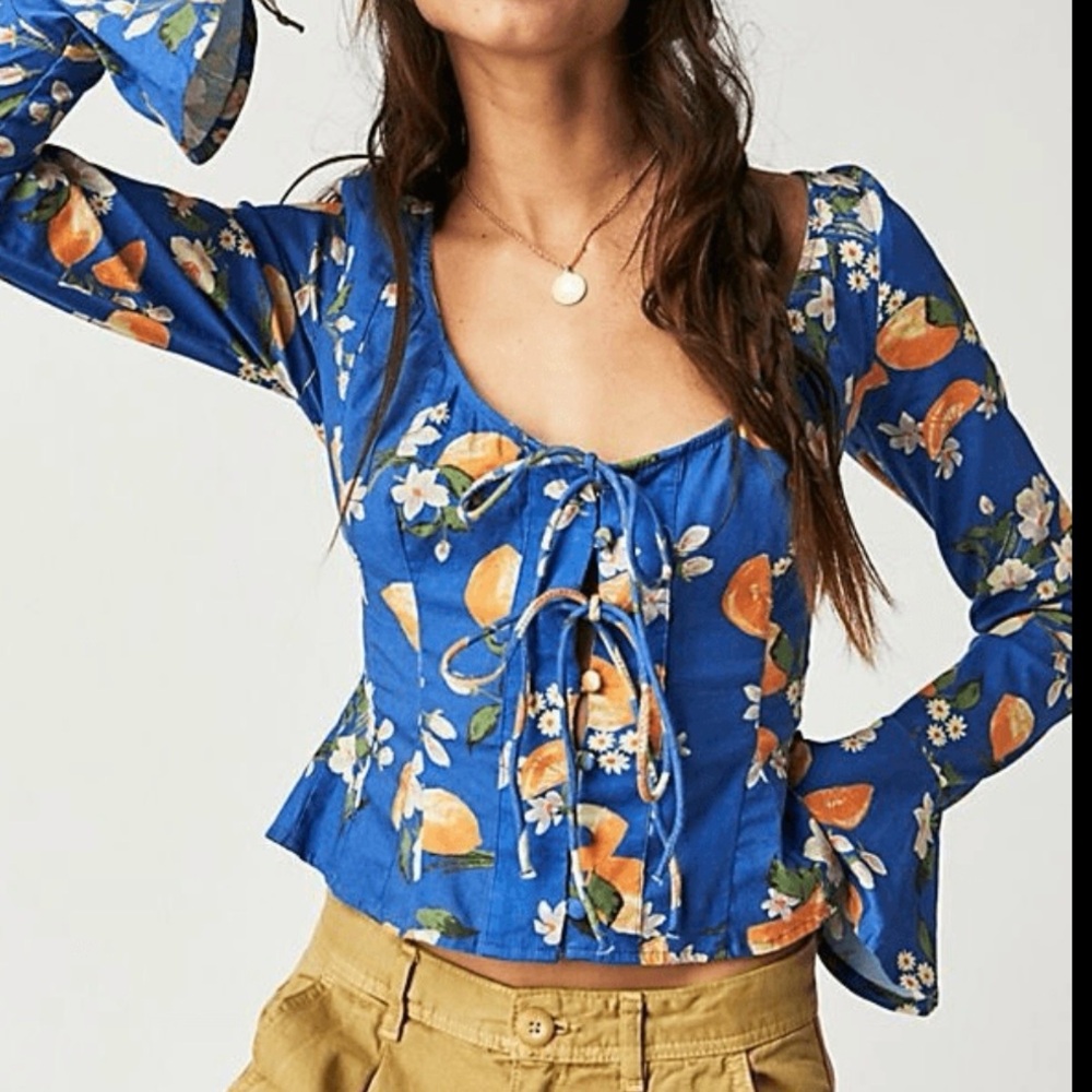 Free People Kayla Blue Print Top NWOT